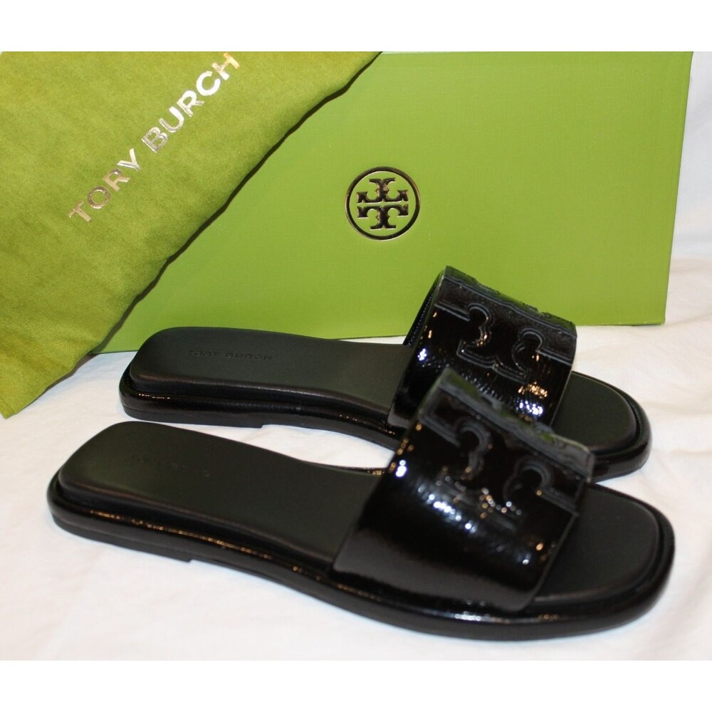 Tory Burch Double T Leather Sport Slides Perfect Black NIB - Picture 2 of 7